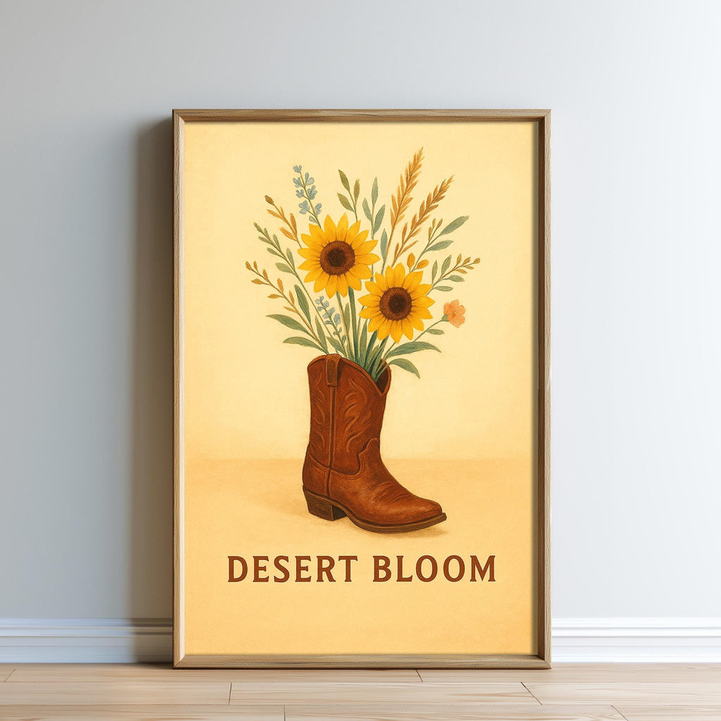 The image is a framed print featuring a brown cowboy boot with a bouquet of sunflowers and other flowers inside it, set against a yellow background.
