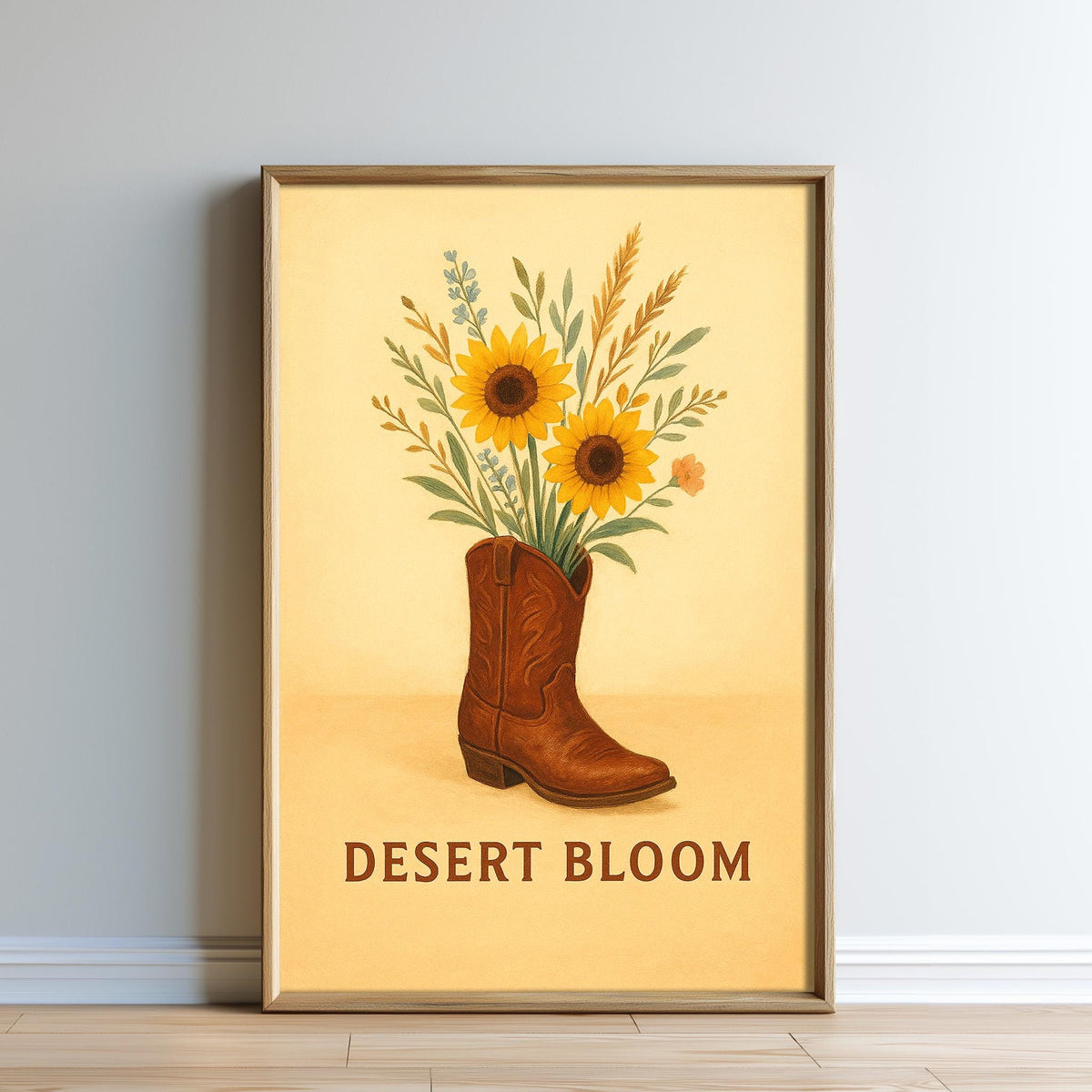 The image is a framed print featuring a brown cowboy boot with a bouquet of sunflowers and other flowers inside it, set against a yellow background.