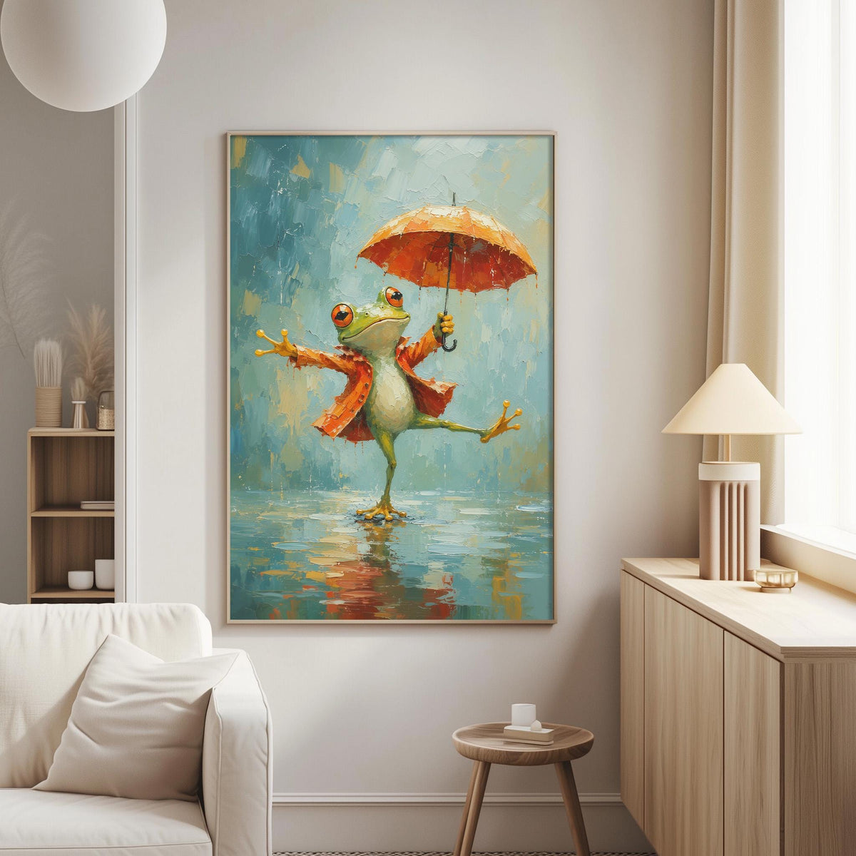 a painting of a frog holding an umbrella, dancing in the rain, and standing on one leg.