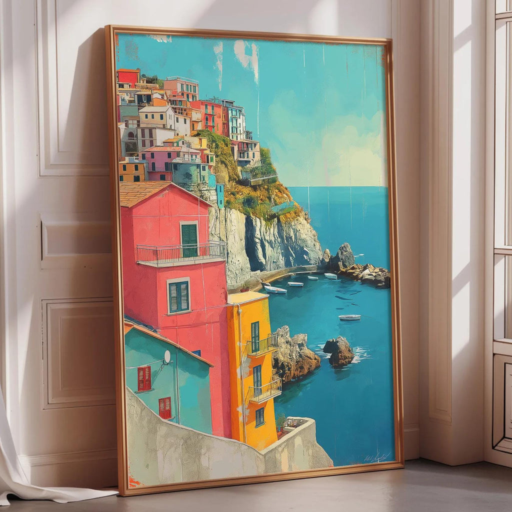 a vibrant painting of a coastal town with colorful houses and buildings overlooking the ocean.