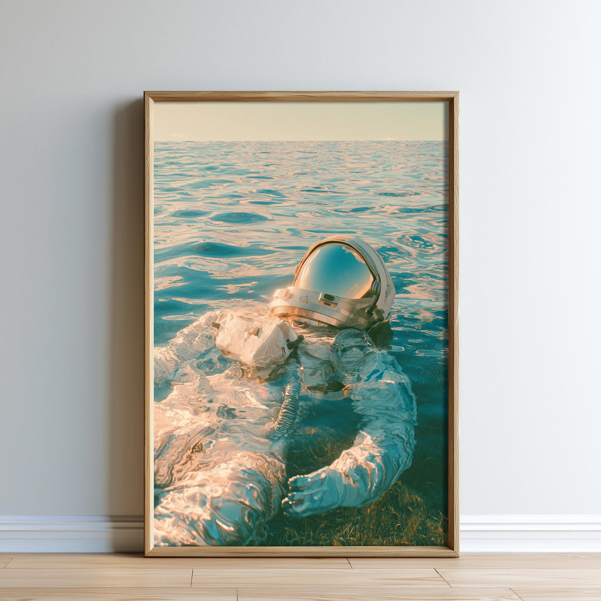 A framed image depicting an astronaut floating in the ocean, wearing a spacesuit and helmet.