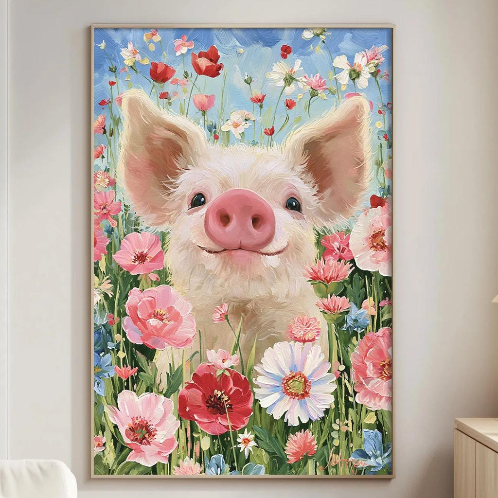 a large, colorful painting of a pig surrounded by a vibrant field of flowers.