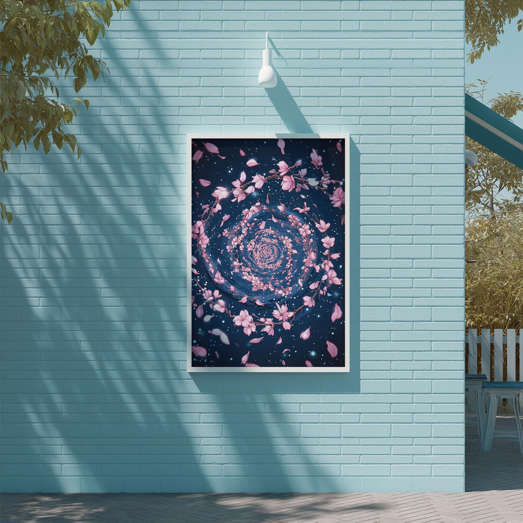 a large, framed artwork depicting a spiral pattern of pink flowers against a dark blue background, hanging on a light blue wall.