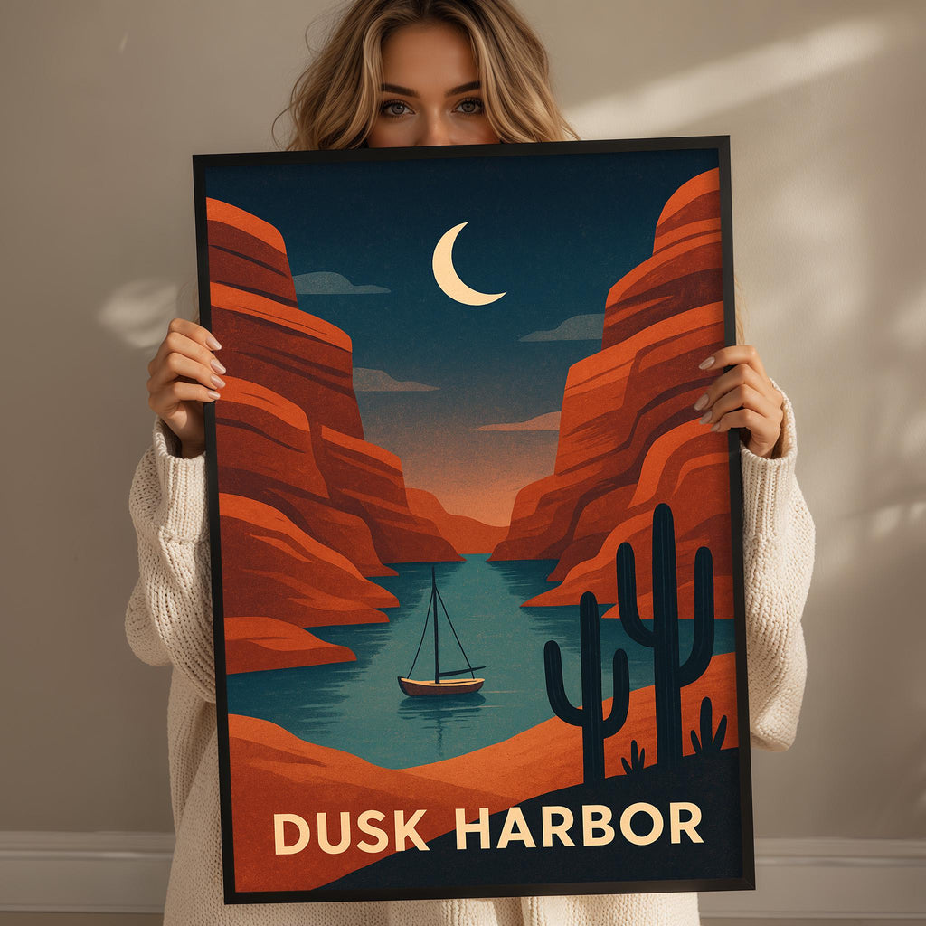 A woman holds up a framed poster depicting a desert landscape with a sailboat on a river, under a crescent moon.