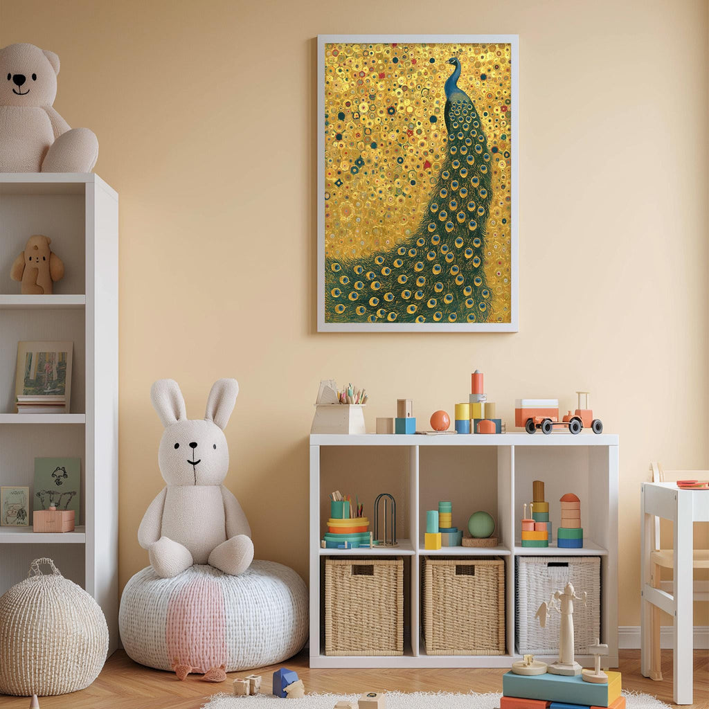 A cozy children's room with a white bookshelf, a plush white rabbit, a colorful toy chest, and a framed painting of a peacock on the wall.