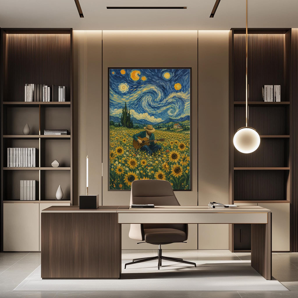 a modern office space with a large painting of a field of sunflowers hanging on the wall above a desk with a chair.