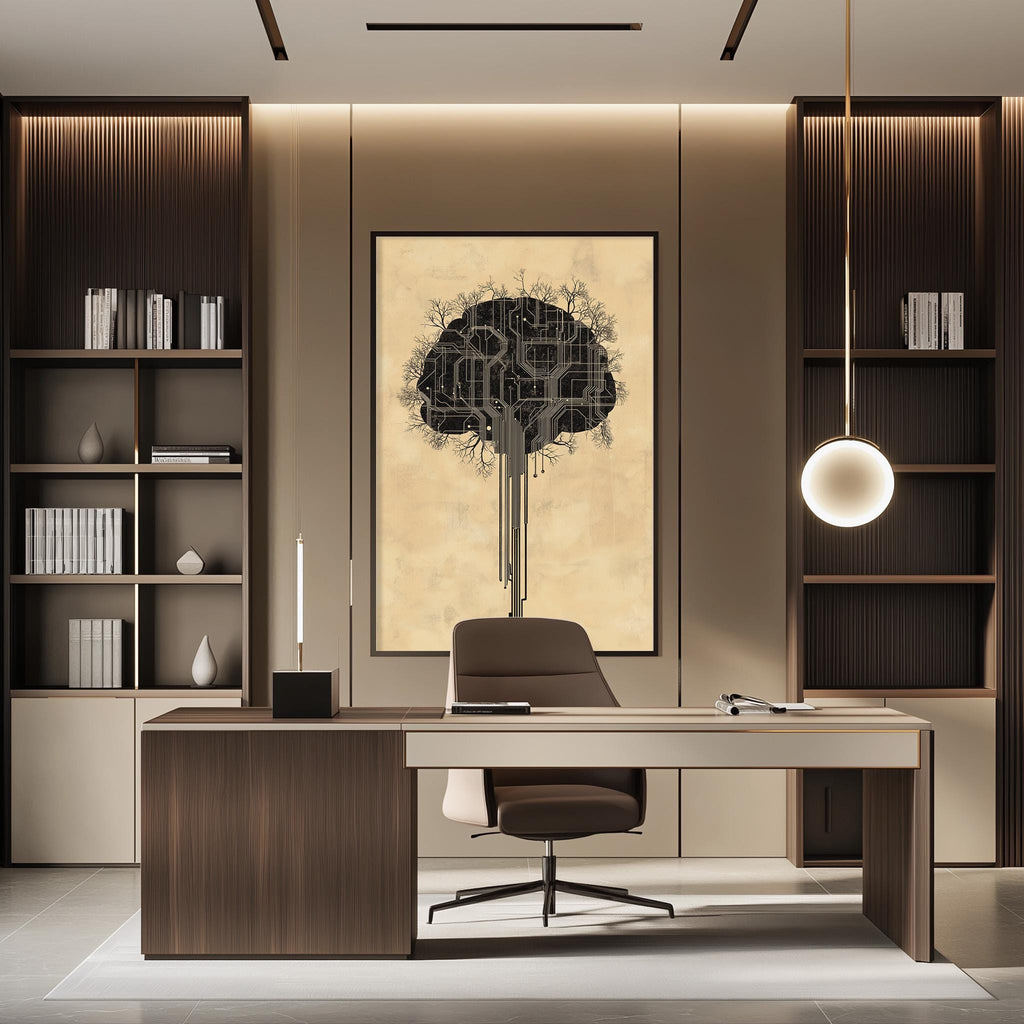 a modern and minimalist office space with a large wooden desk, a comfortable-looking chair, and a striking abstract painting of a tree-like structure on the wall.