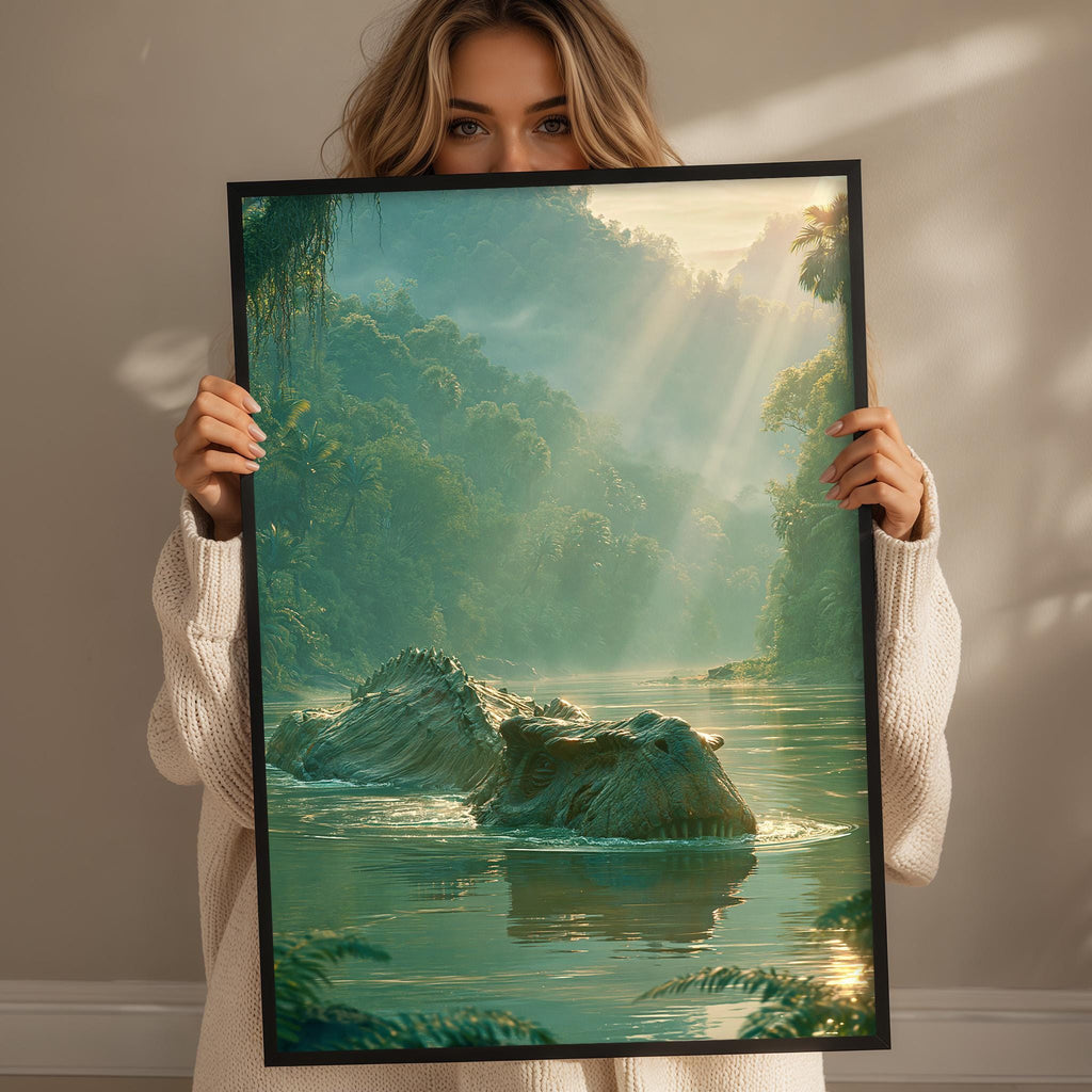 A woman holds up a framed picture of a serene landscape with a river, trees, and a waterfall, with sunlight filtering through the foliage.