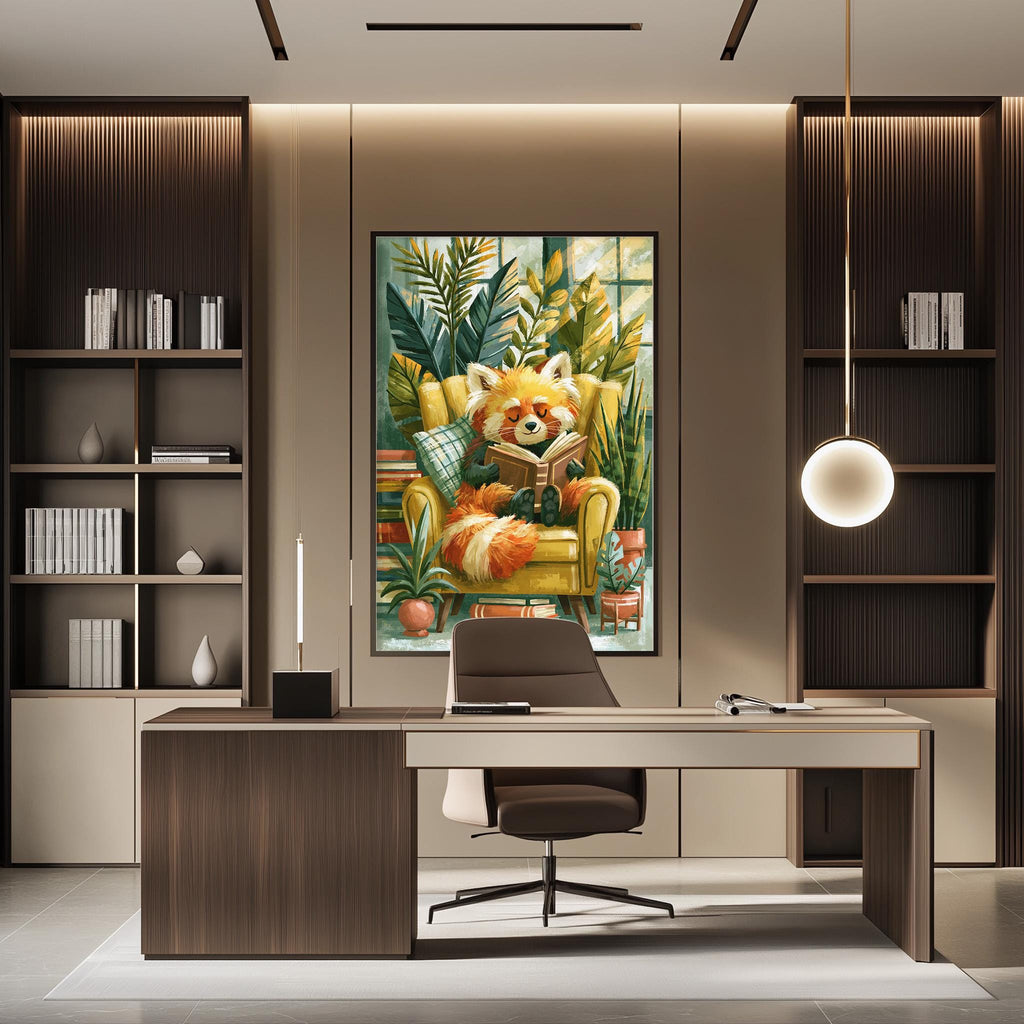 a modern office space with a large painting of a red panda sitting in a chair, surrounded by tropical plants, on the wall. The office features a desk, chair, and shelving units, creating a comfortable and visually appealing workspace.