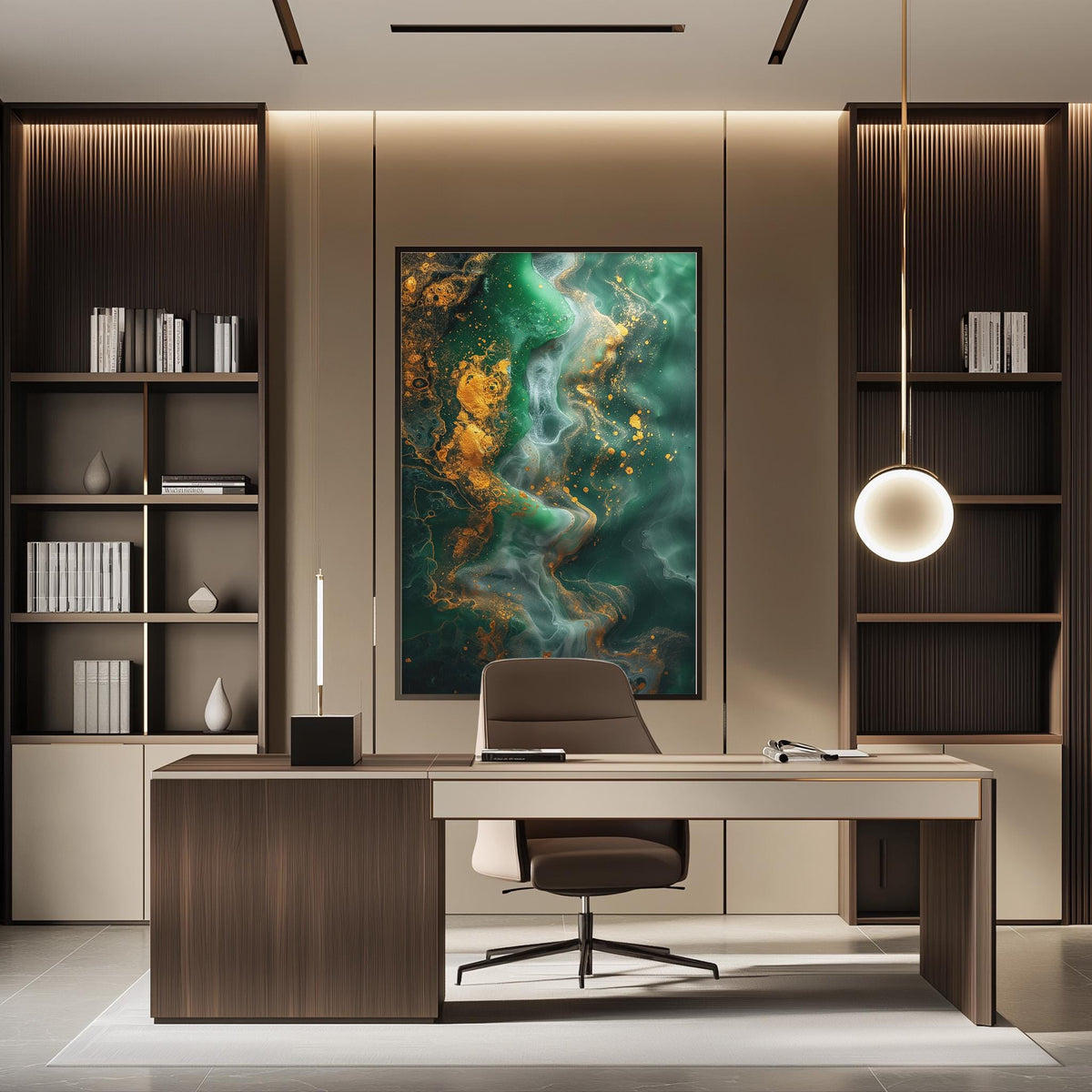 a modern and stylish office space with a large abstract painting on the wall, a wooden desk with a chair, and built-in bookshelves.