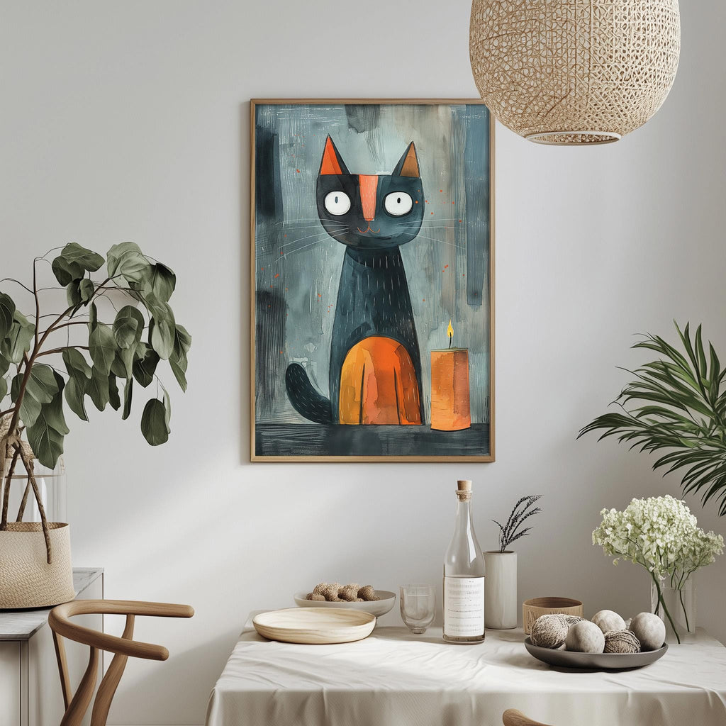 a dining table with a white tablecloth, a bowl of fruit, a bottle, and a vase with flowers. Above the table, there is a framed painting of a cat with a candle in its paw.
