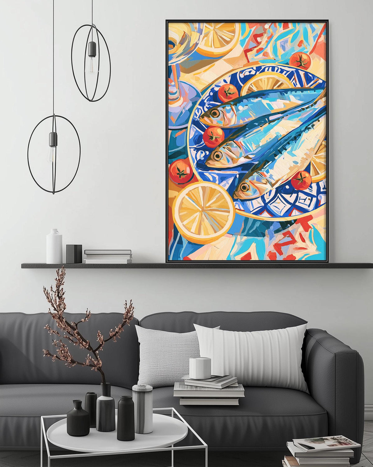 a modern living room with a gray sofa, a coffee table, and a large abstract painting hanging on the wall above the sofa.