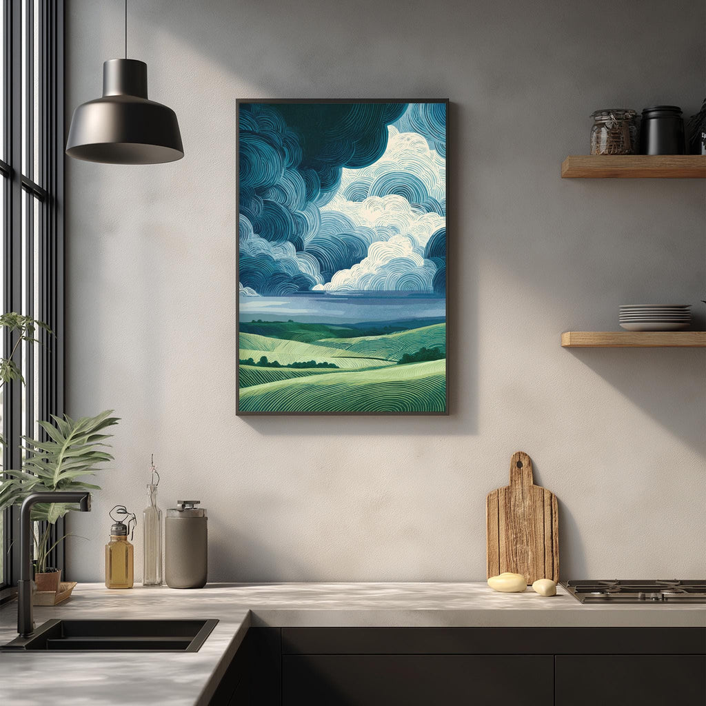 a kitchen counter with a framed landscape painting hanging above it, a wooden cutting board, and various kitchen items such as a bottle, a vase, and a bowl.