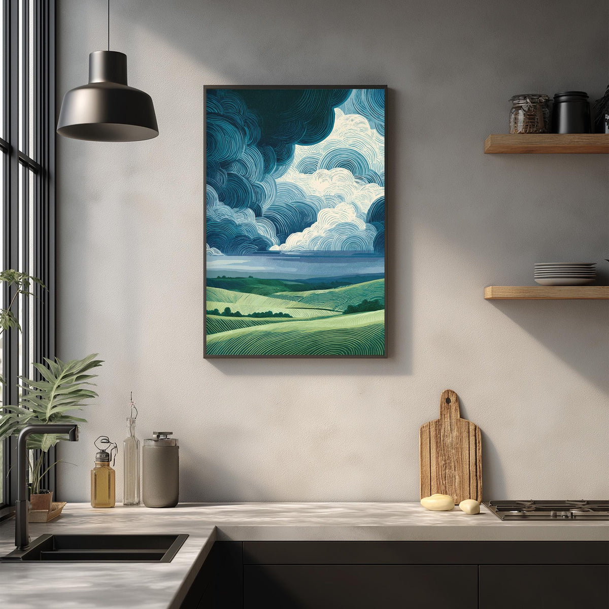 a kitchen counter with a framed landscape painting hanging above it, a wooden cutting board, and various kitchen items such as a bottle, a vase, and a bowl.