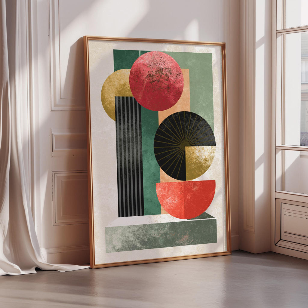 a large abstract painting with bold geometric shapes and patterns, including circles, rectangles, and lines, displayed on a wall in a room with a window.