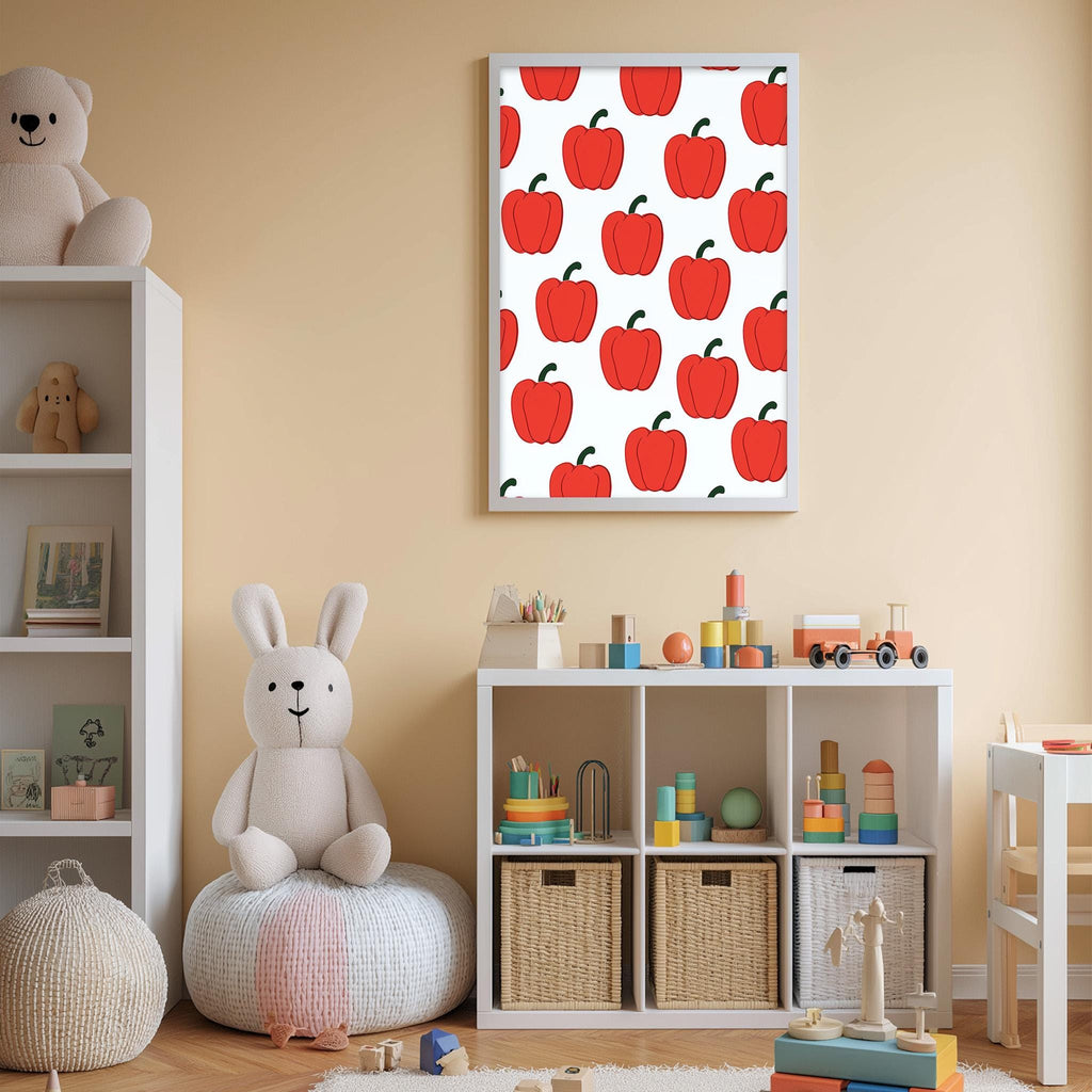 A cozy children's room with a white rabbit sitting on a bean bag chair, surrounded by shelves filled with toys and books, and a framed print featuring red apples on the wall.