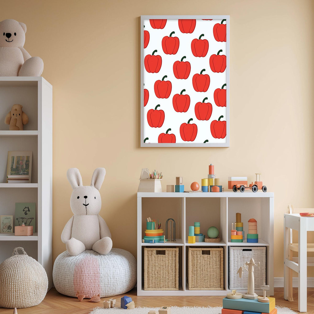 A cozy children's room with a white rabbit sitting on a bean bag chair, surrounded by shelves filled with toys and books, and a framed print featuring red apples on the wall.