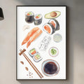 a kitchen counter with various food items and kitchen accessories, including a framed print of sushi, a cutting board, and a plant.