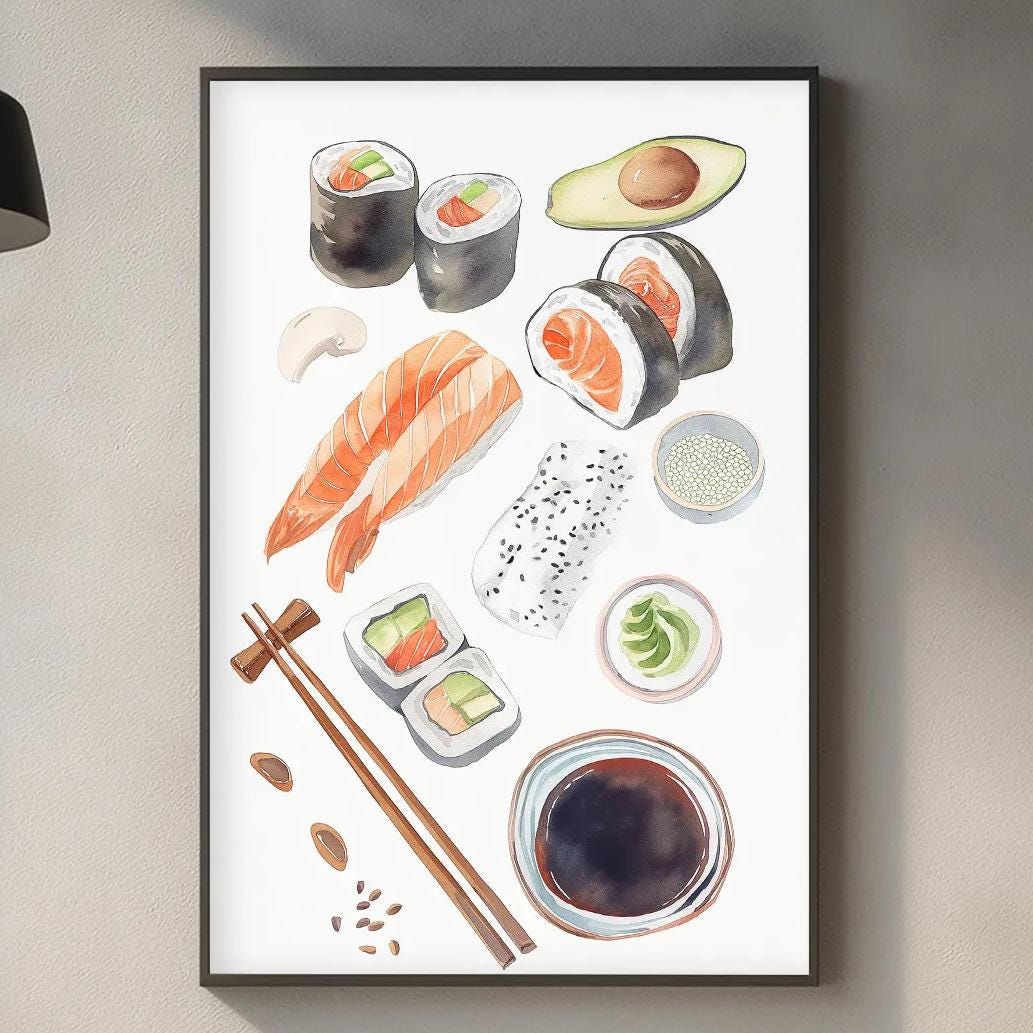 a kitchen counter with various food items and kitchen accessories, including a framed print of sushi, a cutting board, and a plant.