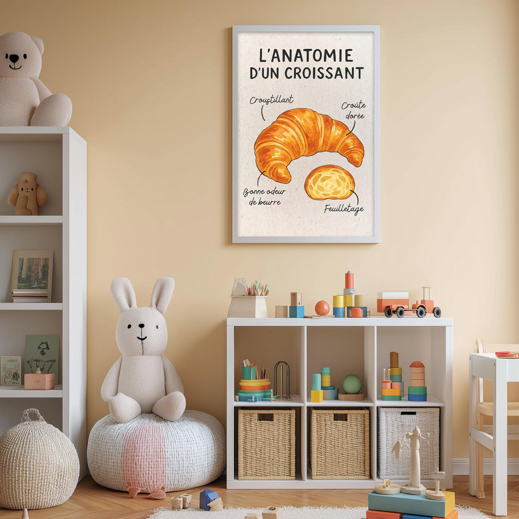 The image is a child's bedroom with a stuffed rabbit, a bookshelf, and a framed poster of a croissant on the wall.