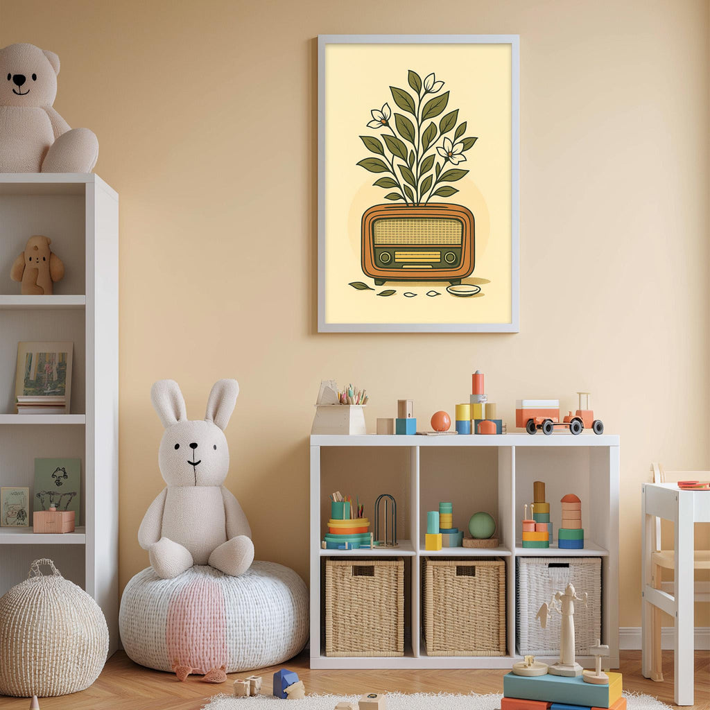 A cozy children's room with a white rabbit sitting on a bean bag chair, surrounded by shelves filled with toys and a radio on the wall.