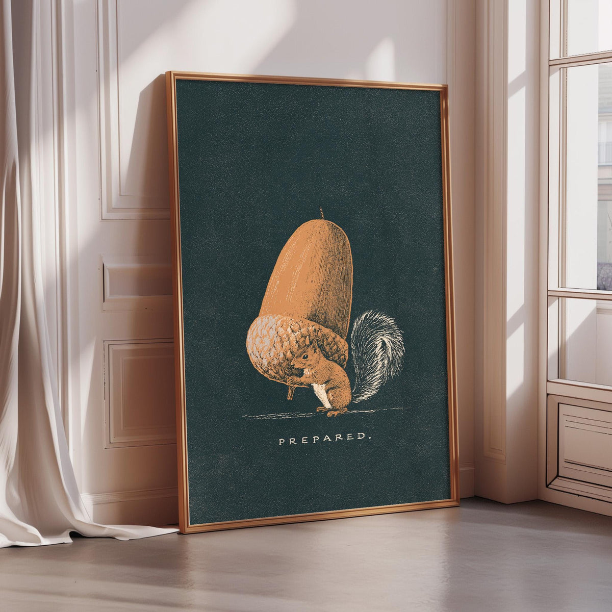 a framed illustration of a squirrel sitting on an acorn, with the word "PREPARED" written below the illustration.