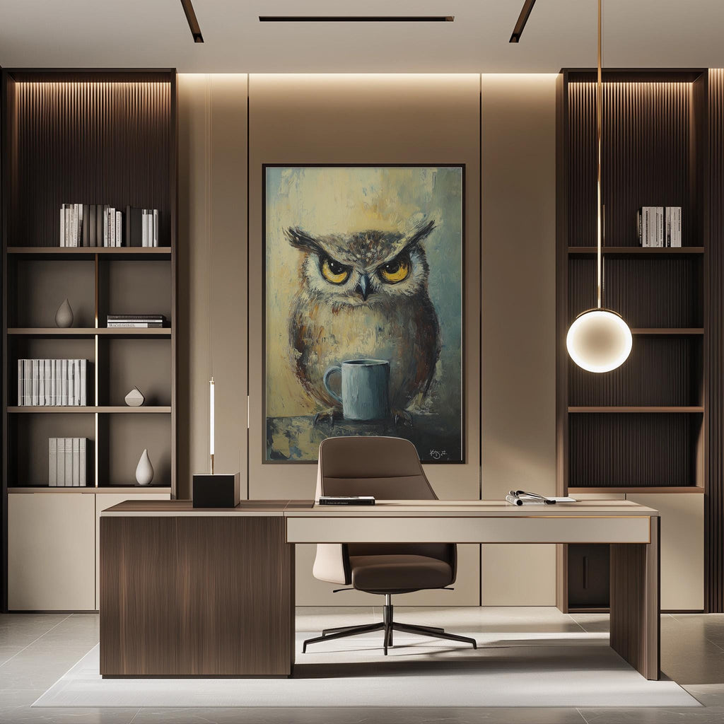 a modern office space with a large painting of an owl on the wall, a wooden desk with a chair, and built-in bookshelves.