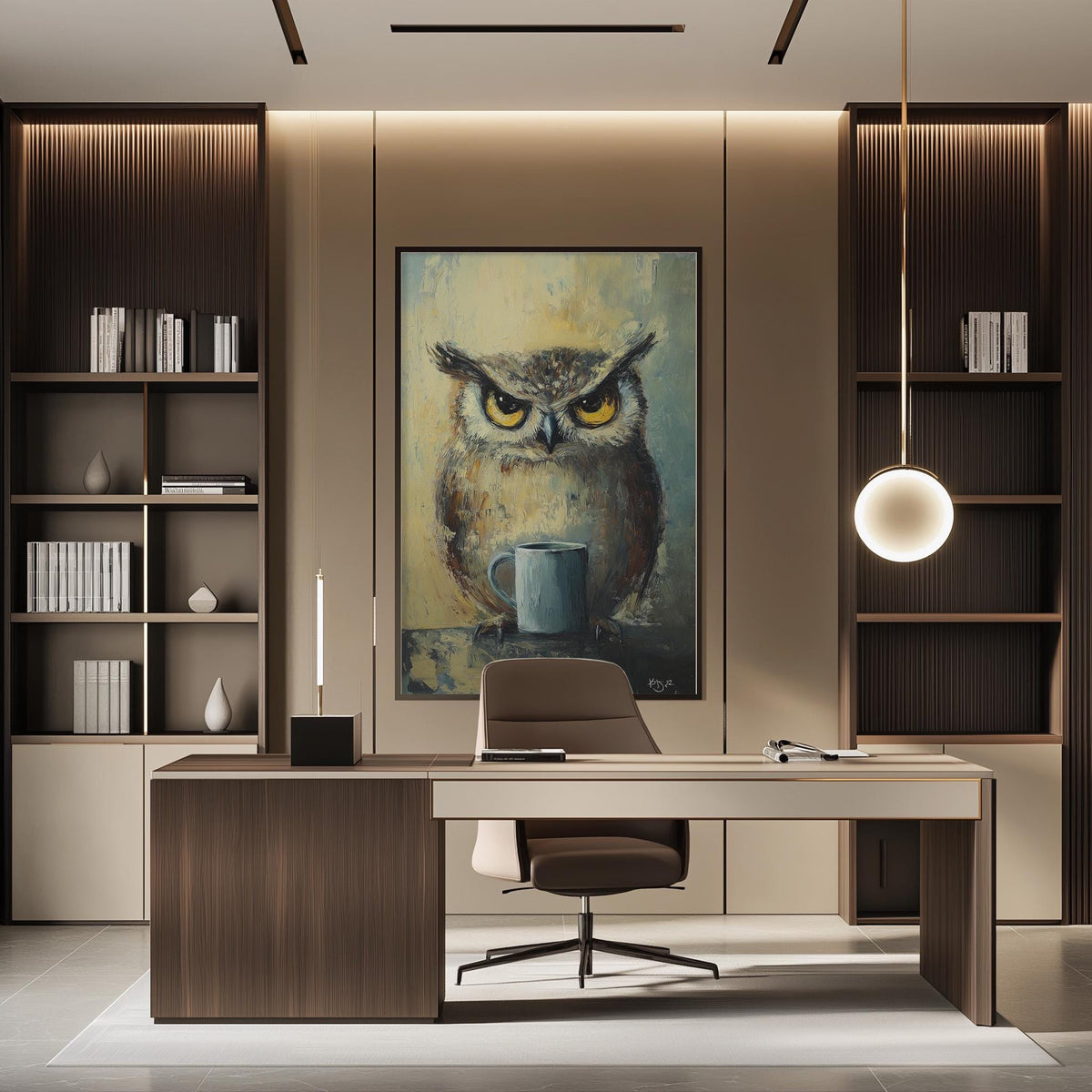a modern office space with a large painting of an owl on the wall, a wooden desk with a chair, and built-in bookshelves.