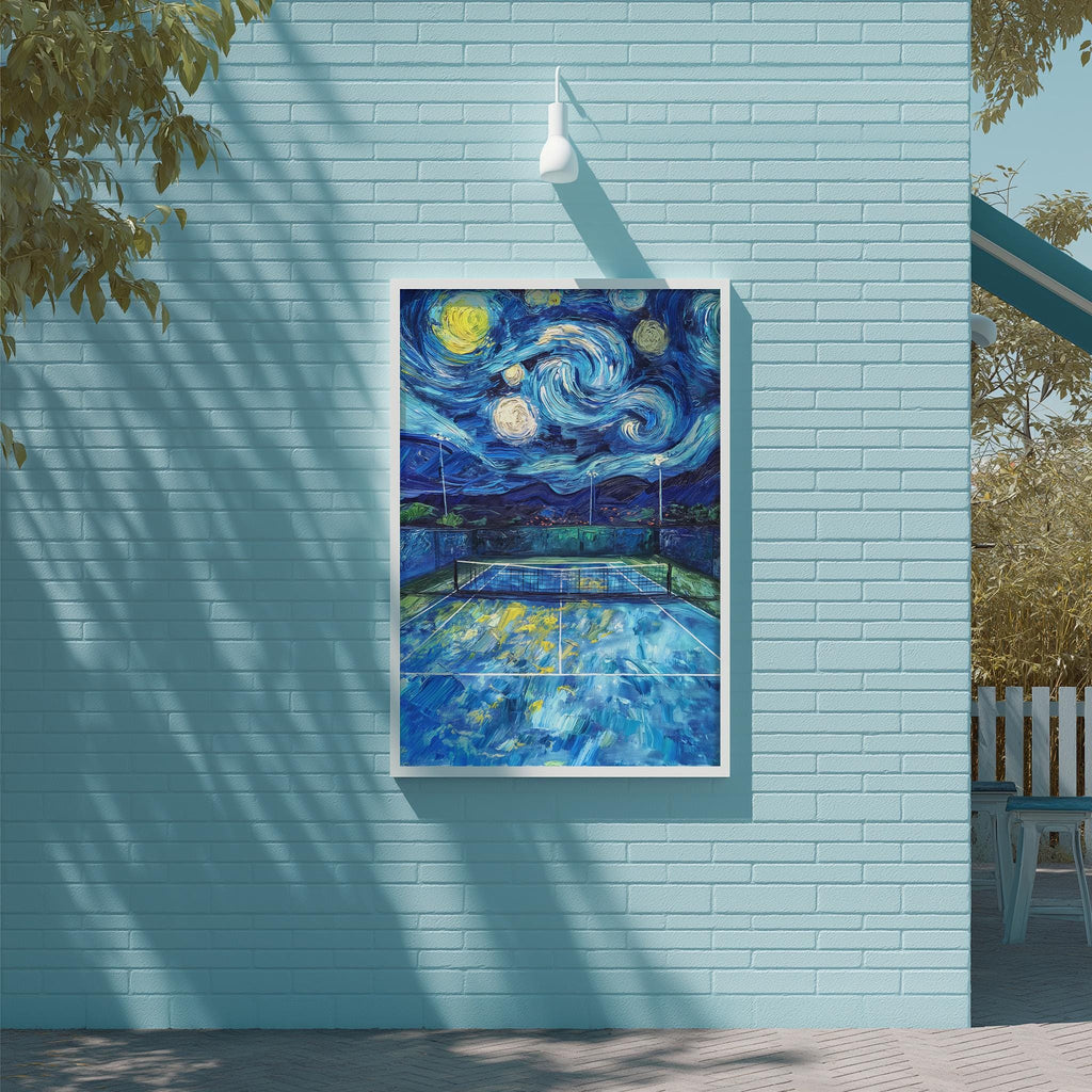 a large, vibrant painting of a tennis court with a starry night sky in the background, hanging on a blue wall.