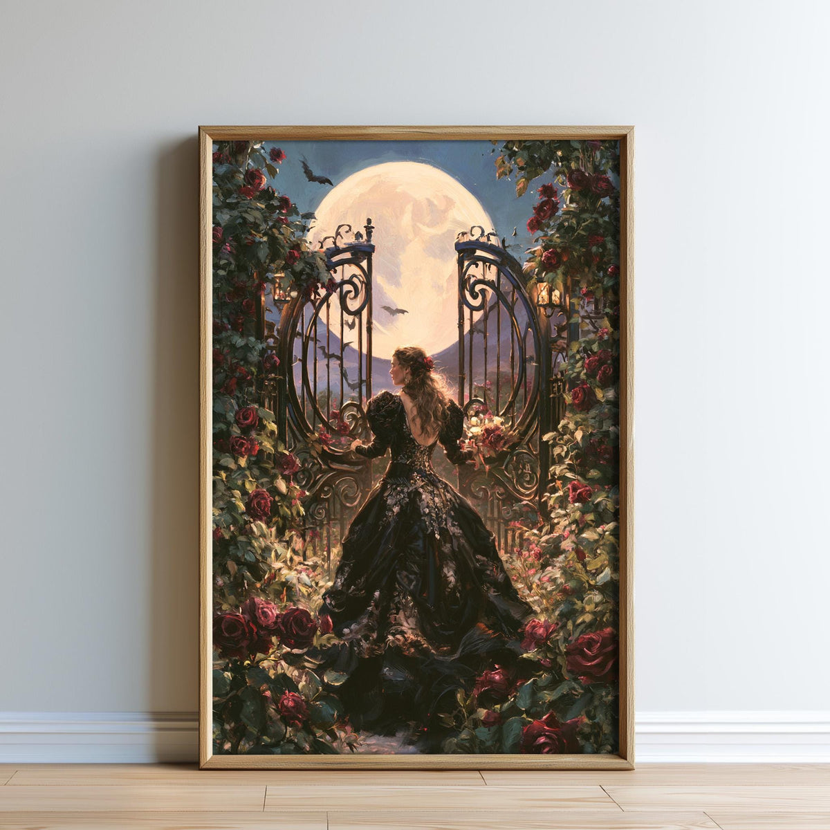 A woman in a long black dress stands in front of a wrought iron gate, with a full moon and a garden filled with red roses behind her.