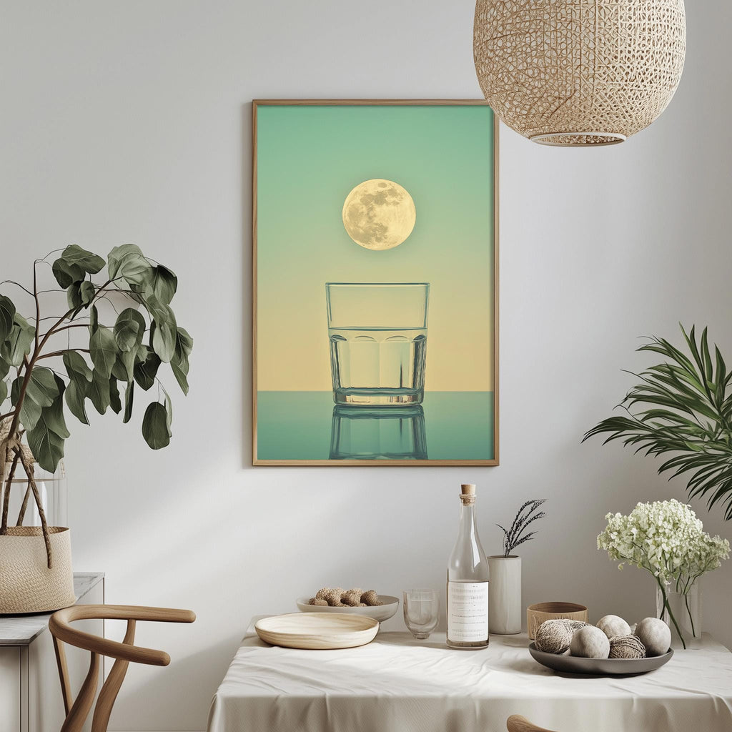 a dining table with a bowl of fruit, a bottle, and a vase of flowers, along with a framed picture of a glass of water with a full moon in the background.