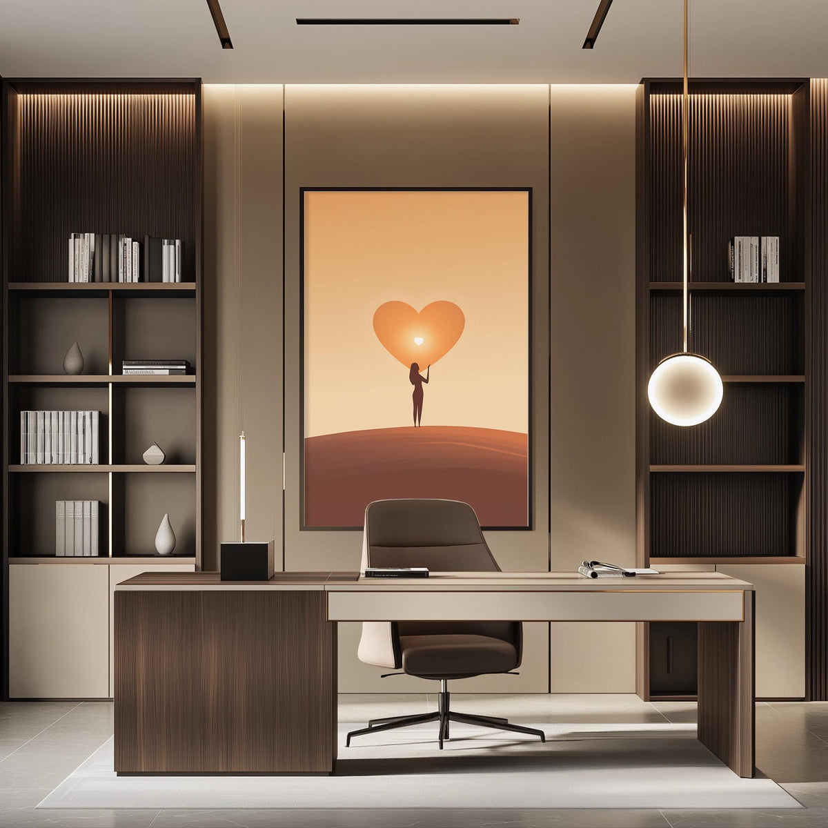 a modern and minimalist office space with a large wooden desk, a comfortable chair, and a framed artwork featuring a heart-shaped symbol.