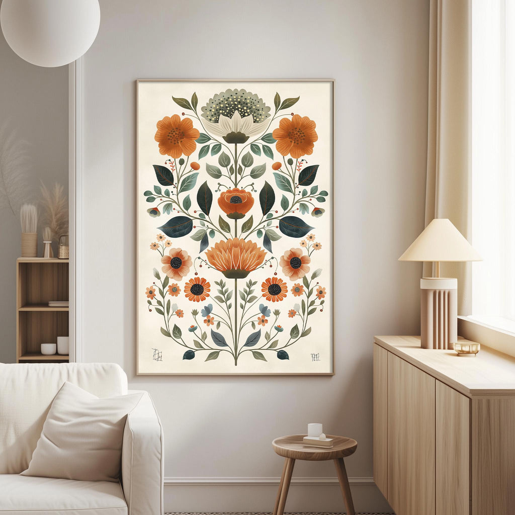 a large floral print hanging on a wall in a living room, with a white sofa and a wooden side table nearby.