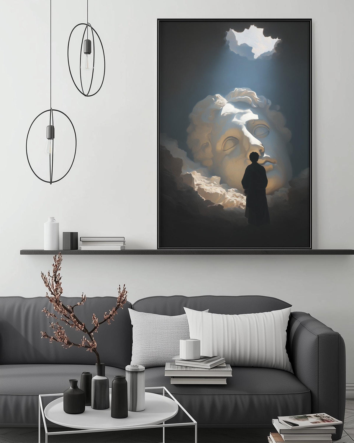 a modern living room with a gray sofa, a coffee table, and a large framed artwork depicting a person standing in front of a cloud-filled sky.