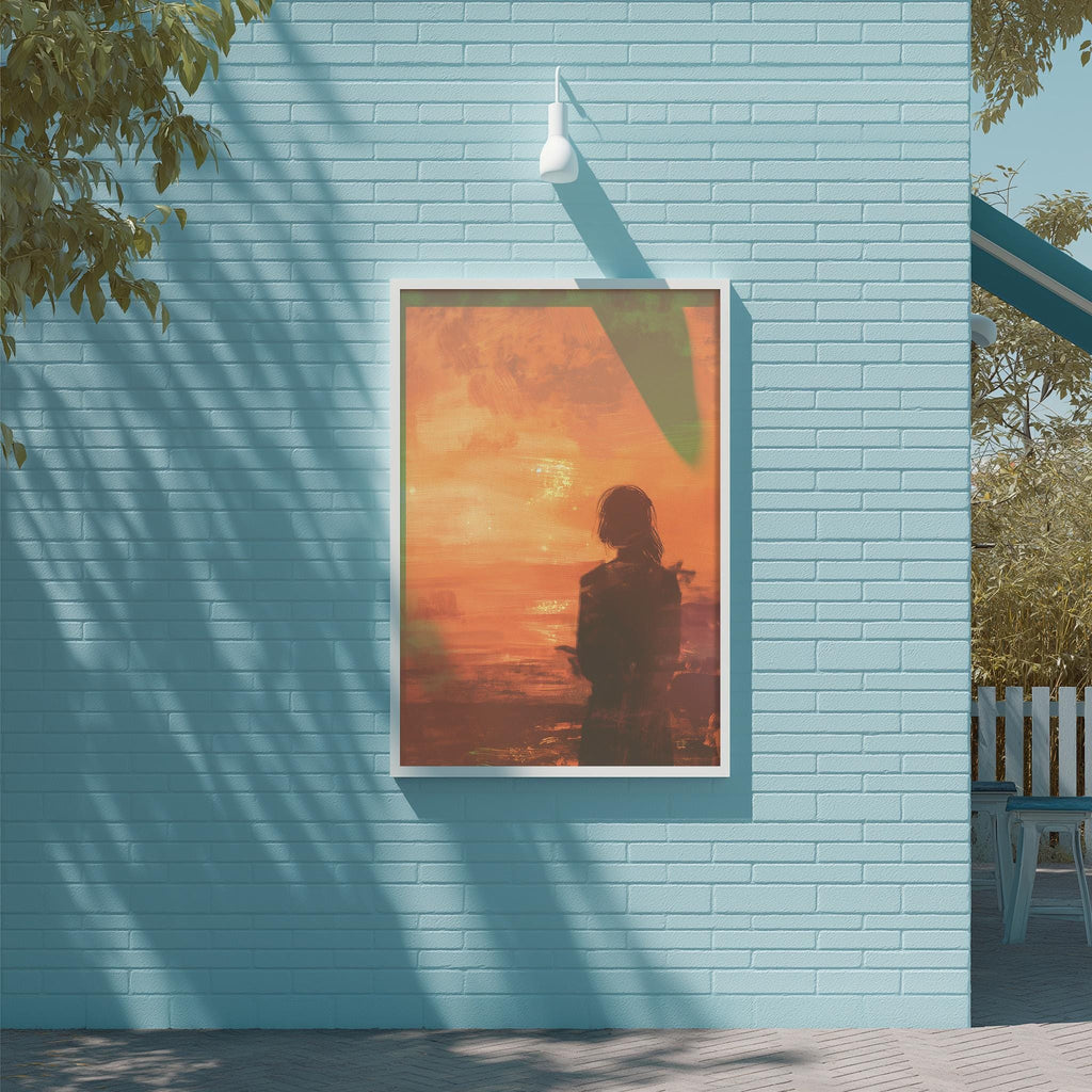 a blue brick wall with a framed picture of a person standing in front of a sunset.
