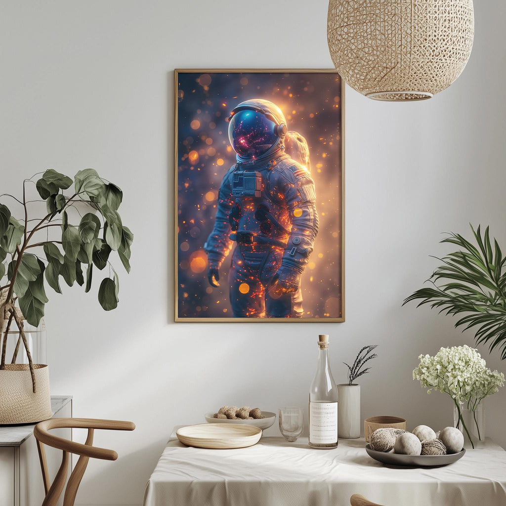 a framed artwork of an astronaut in a space suit, with a starry background, hanging on a wall above a dining table with various items on it.