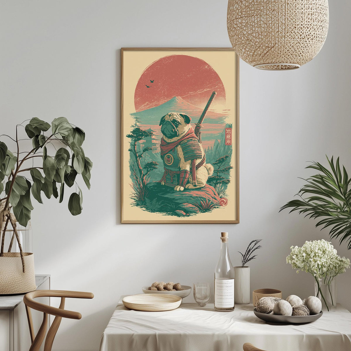 a framed illustration of a pug dog wearing a warrior's outfit, sitting on a rock and holding a sword, set against a colorful sunset landscape. The pug is surrounded by various plants and decorative items, creating a whimsical and artistic scene.