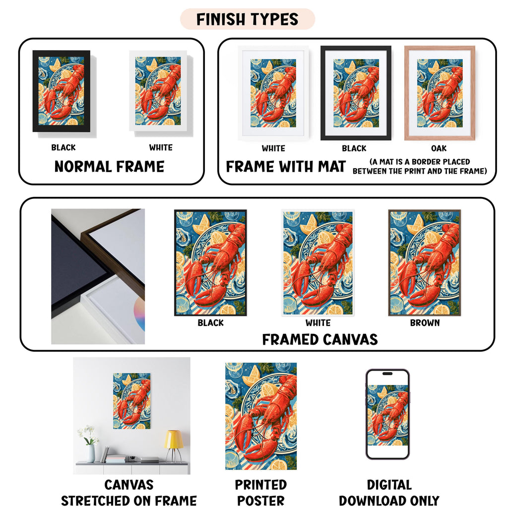 various types of framed artwork, including a framed canvas, a framed poster, and a printed poster, all featuring a lobster design. The artwork is presented in different frame colors and styles, such as black, white, and oak. The image also includes a digital download option for the framed artwork.