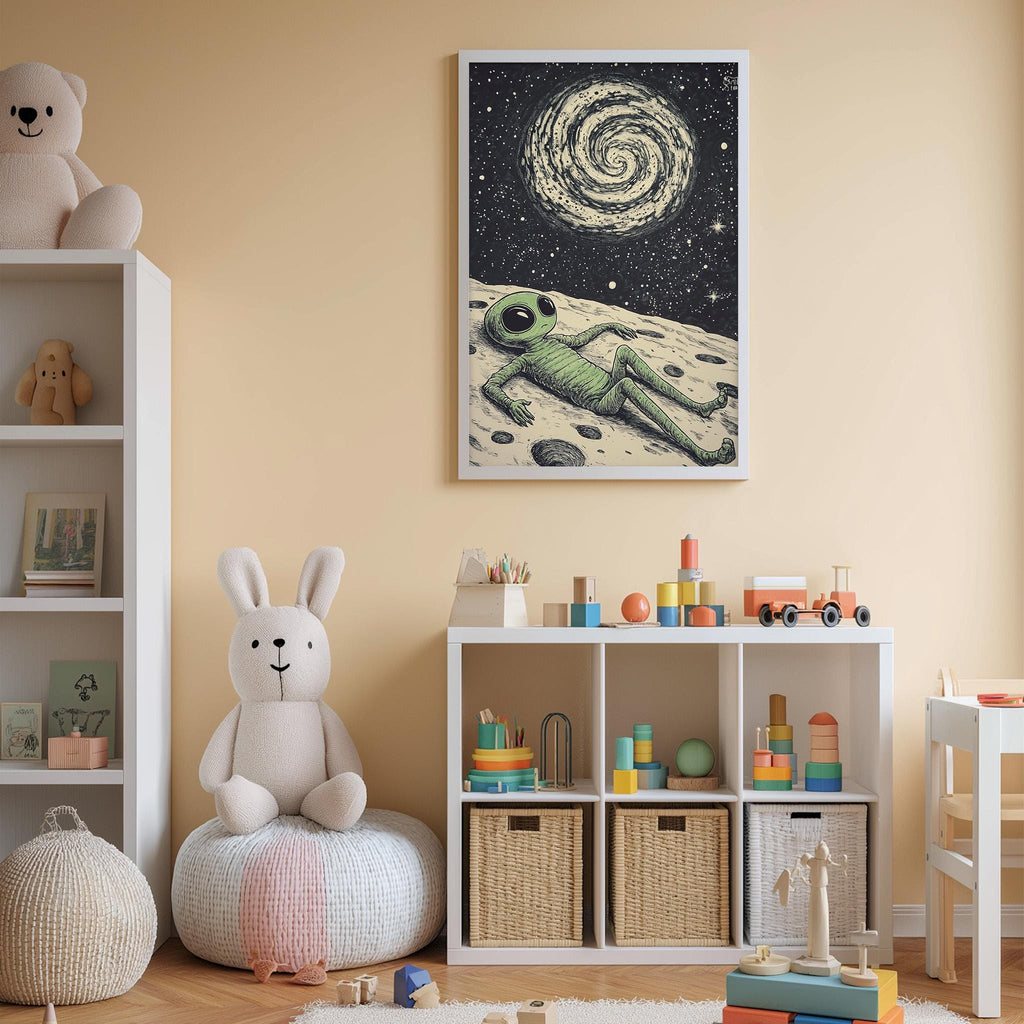A child's bedroom with a large stuffed rabbit, a bookshelf, and a toy storage unit. The wall features a framed illustration of an alien on the moon.
