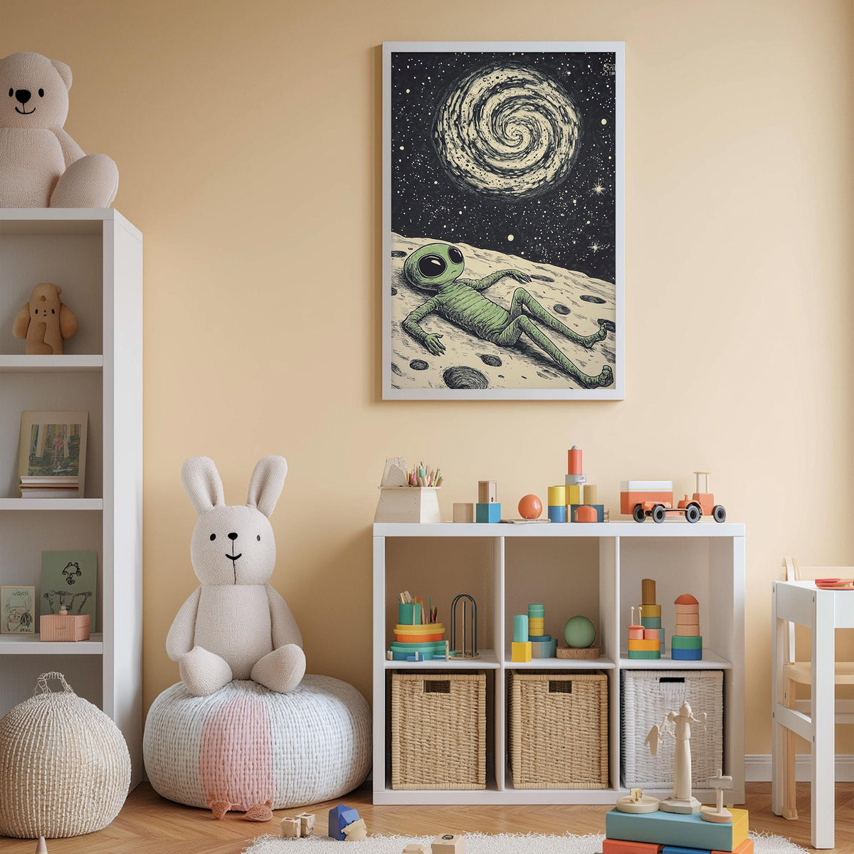 A child's bedroom with a large stuffed rabbit, a bookshelf, and a toy storage unit. The wall features a framed illustration of an alien on the moon.