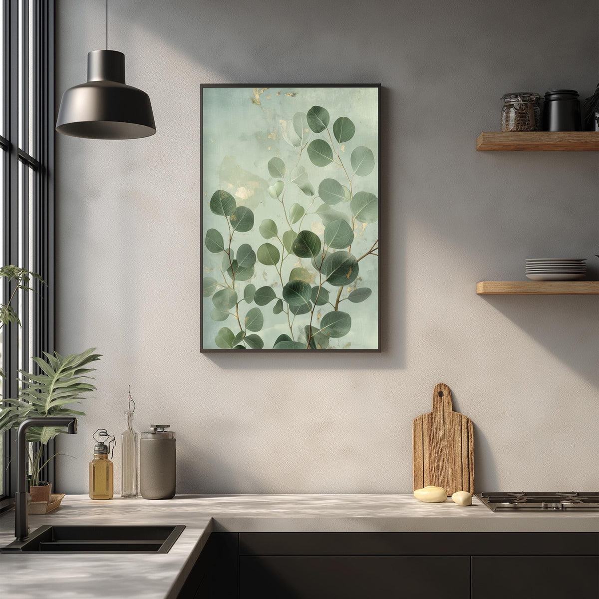 a kitchen counter with various items on it, including a framed picture of green leaves, a wooden cutting board, and a potted plant.