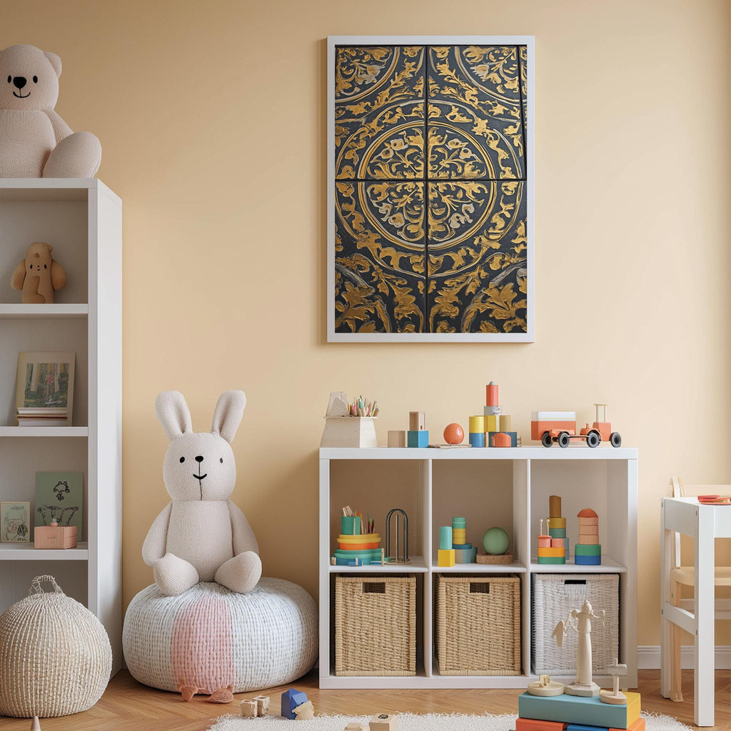 A cozy and well-organized children's playroom with a white bookshelf, a plush white bunny, and a colorful toy box filled with various toys. The room has a warm and inviting atmosphere, with a decorative wall art piece above the bookshelf.