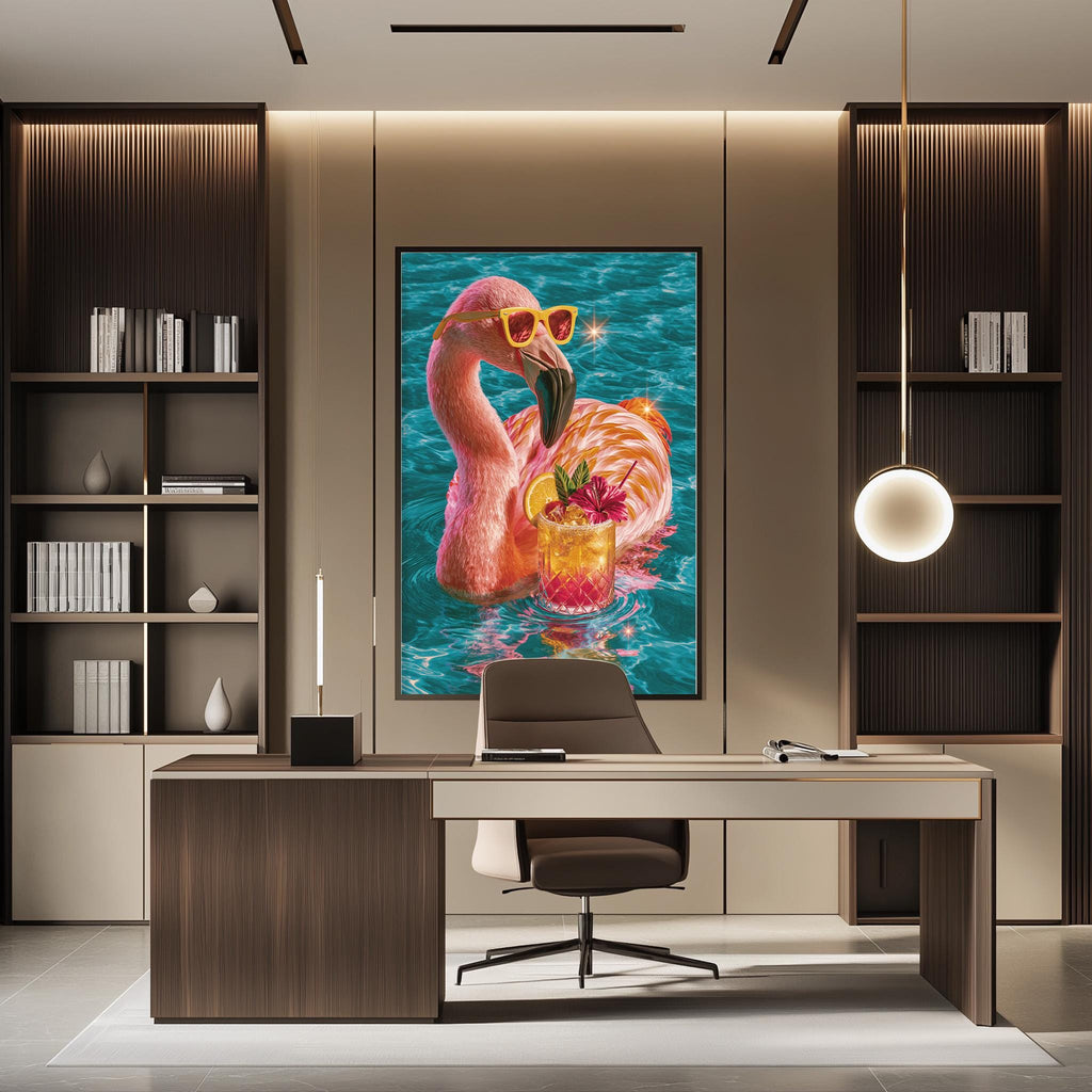 a large, colorful painting of a flamingo in a pool of water, with a drink in its beak, hanging on the wall of a modern office space.