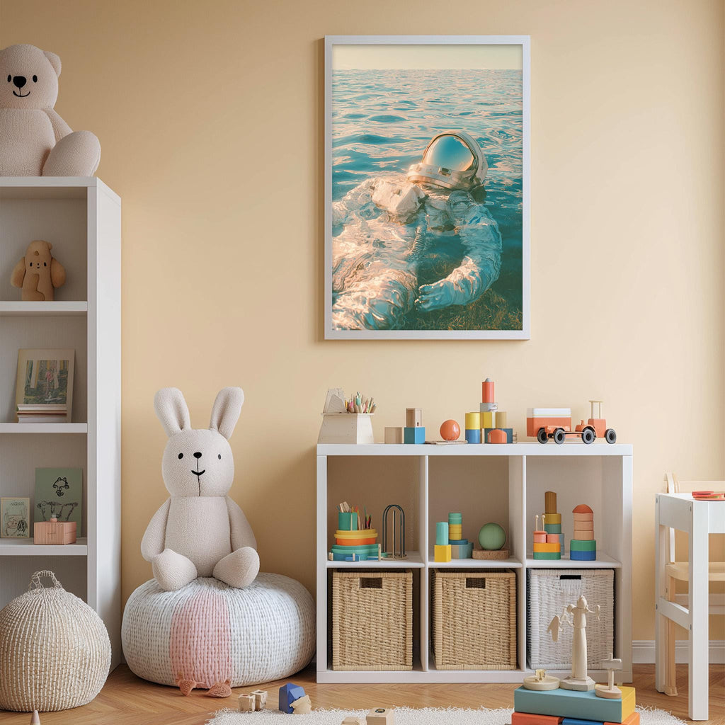 A child's bedroom with a white bookshelf, a stuffed rabbit, a framed picture of an astronaut, and a toy train set.
