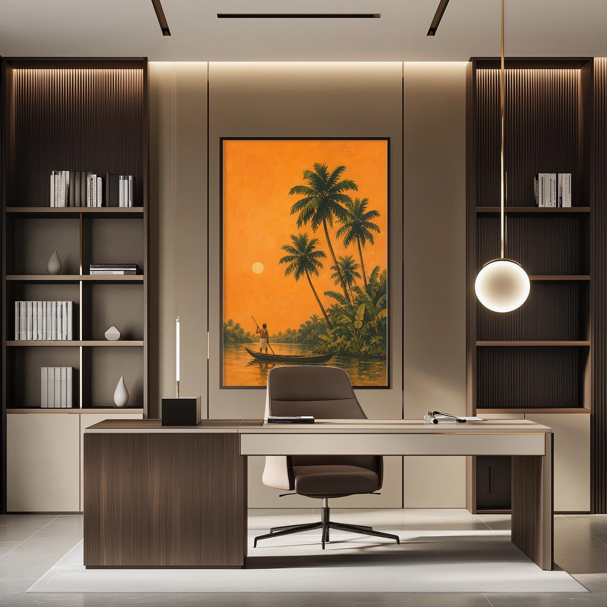 a modern office space with a large painting of a tropical beach scene on the wall. The painting is framed in black and hangs above a wooden desk with a chair in front of it. The desk is positioned in front of a bookshelf, and a lamp is hanging from the ceiling. The overall design of the space is contemporary and minimalist, with a focus on natural elements and a warm color palette.
