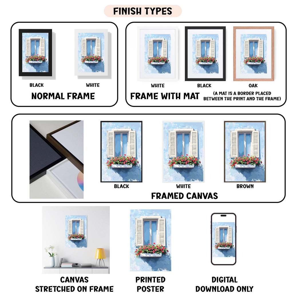 various finish types for a framed artwork, including canvas, stretched on frame, framed canvas, printed poster, and digital download only.
