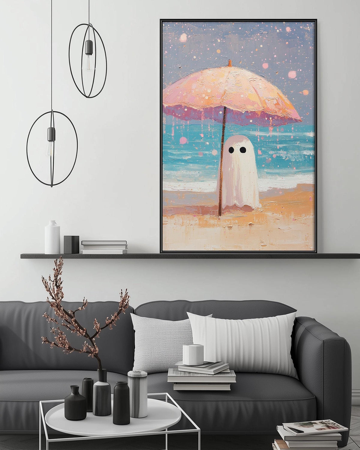 a large framed painting of a ghost standing under an umbrella on a beach, with a serene and whimsical atmosphere.