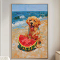 a large painting of a golden retriever dog sitting on a beach, holding a slice of watermelon.