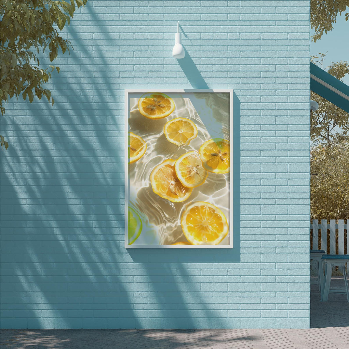 A framed image of sliced oranges is displayed on a light blue brick wall, with a white light fixture above it.