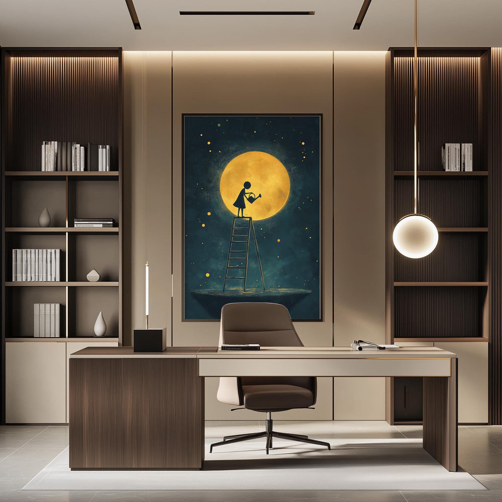 a modern office space with a large framed artwork of a woman standing on a ladder and gazing up at a full moon. The office features a desk, chair, and bookshelves, creating a professional and organized atmosphere.